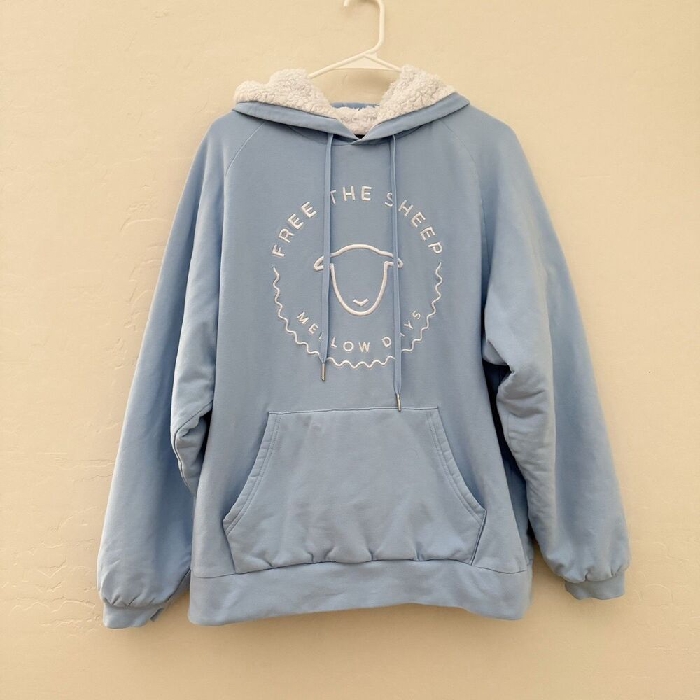 Free The Sheep Mellow Days Hoodie Small Blue Sherpa Lined Embroidered Oversized